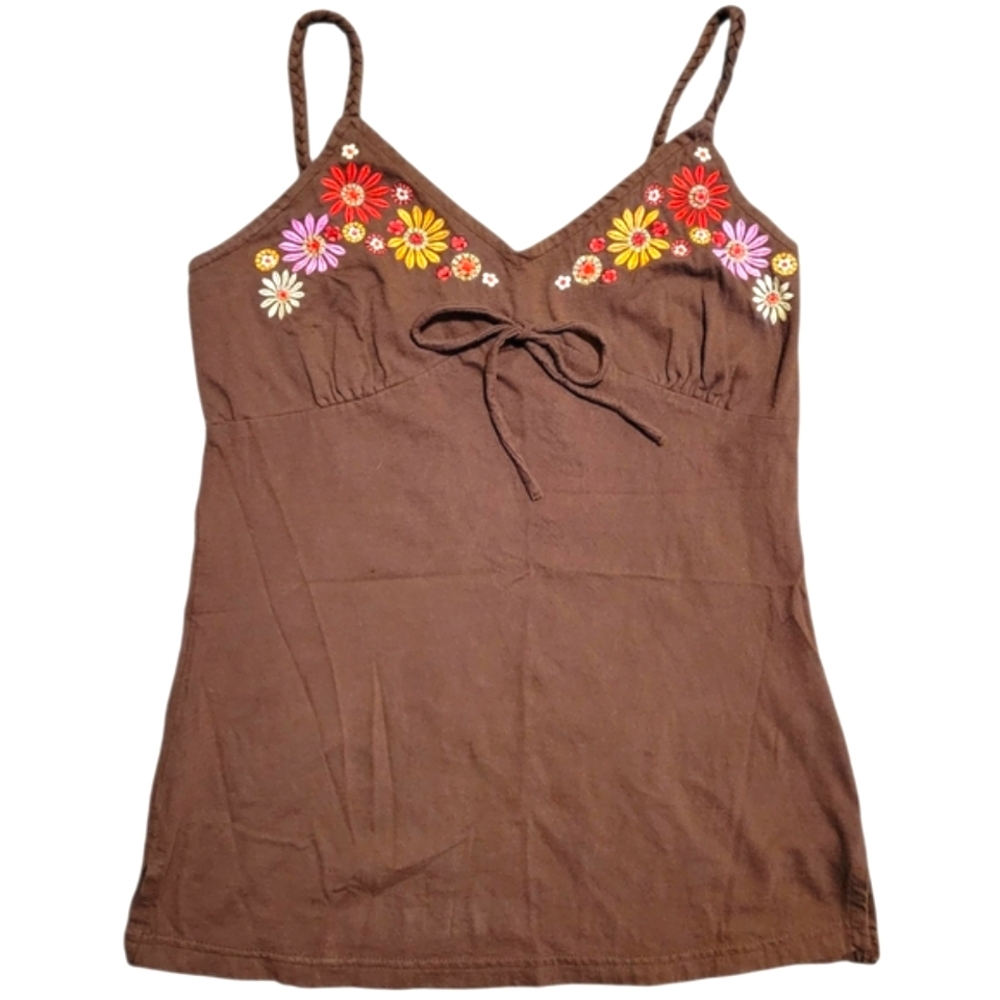 Vintage Fashion Bug Y2k 80s 90s Baby Doll Tank Embroidered Flowers Daisy Small